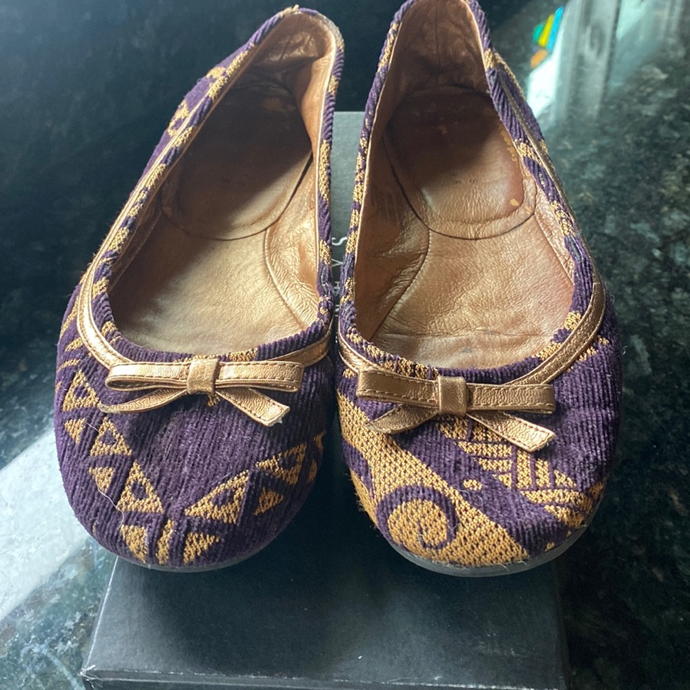 Vintage Barneys Tapestry flats with gold leather detail